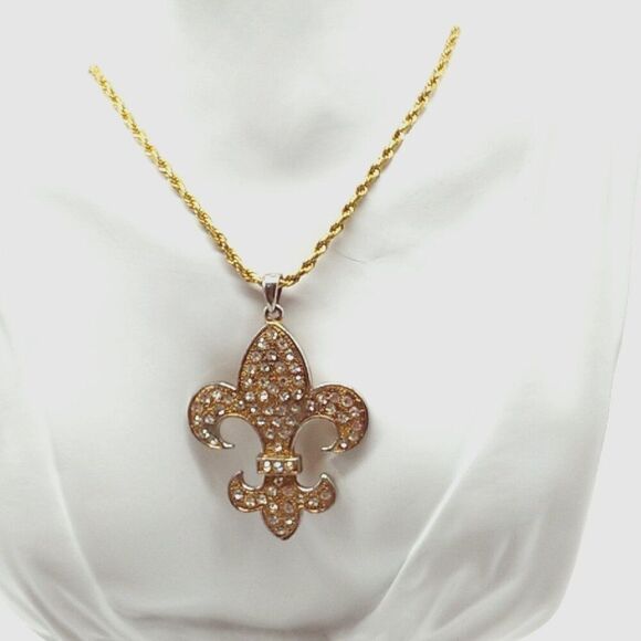 Pave Crystal Fleur de lis Gold-tone & Silver-tone Pendant Rope Chain Necklace - Picture 1 of 11